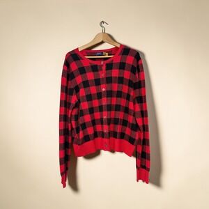 NWT Polo Ralph Lauren Red Black Buffalo Plaid Wool Blend Cardigan Sweater XXL